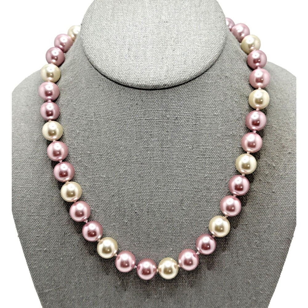 Vintage KISSAKA Faux Pearl Necklace Multicolor Pink Cream Glass Bead Strand 20"